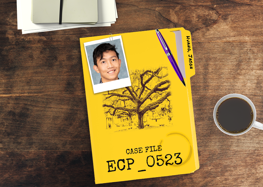 yellow folder with oak tree reads case file ecp_0523 and huang, jason on tab. photo of smiling male student attached to folder with purple pen and coffee stain.