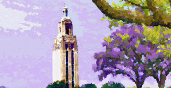 Image of LSU's iconic Memorial Tower and the Parade Ground's stately oaks