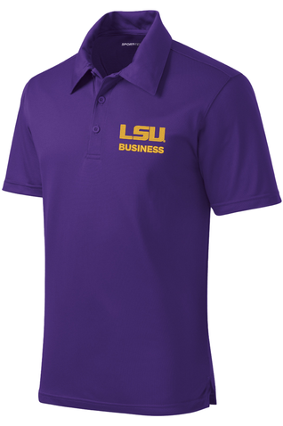 purple polo shirt with gold LSU Business