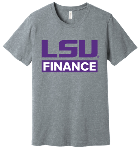 grey t-shirt with LSU finance in purple