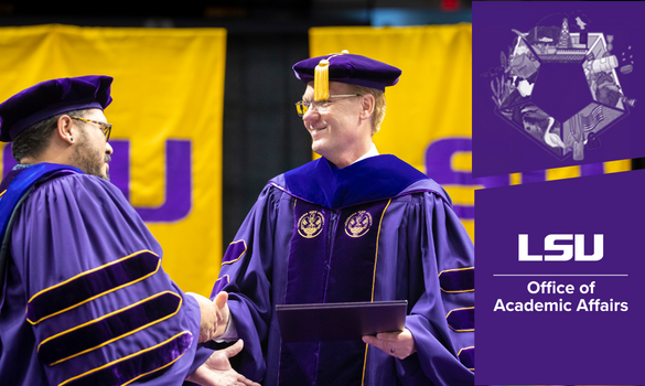 Provost Roy Haggerty shakes a graduate's hand at commencement. Overlay: LSU Office of Academic Affairs