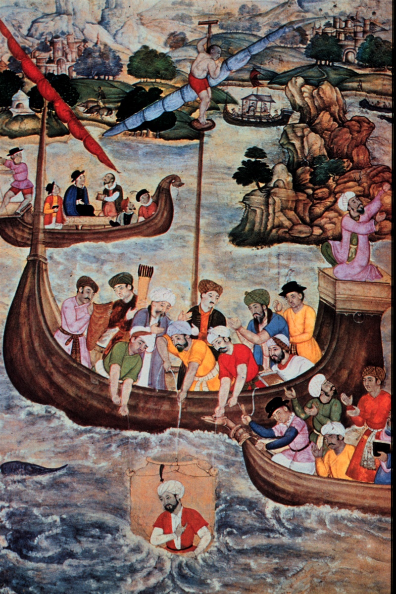 a painting of a group of men in a boat lowering another man down into the water