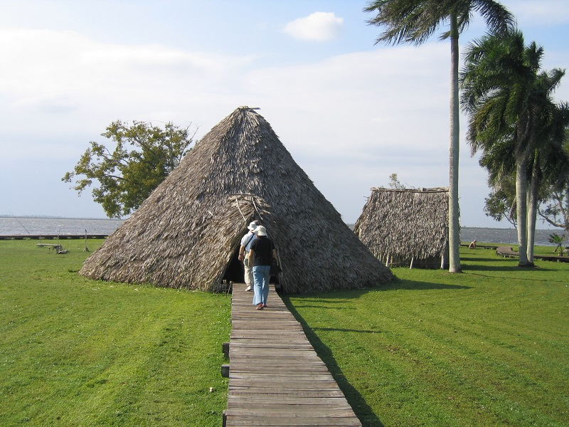 a wooden walkway leads to a straw hut
