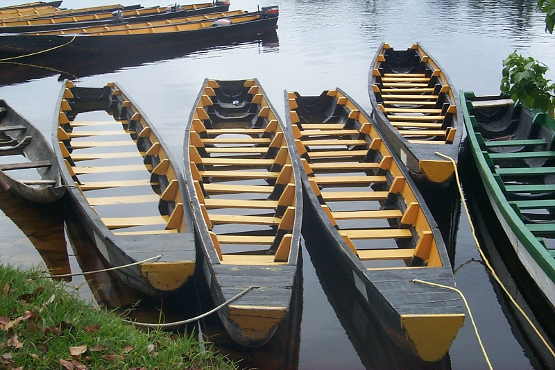 a group of colorful wooden boats tied to shore