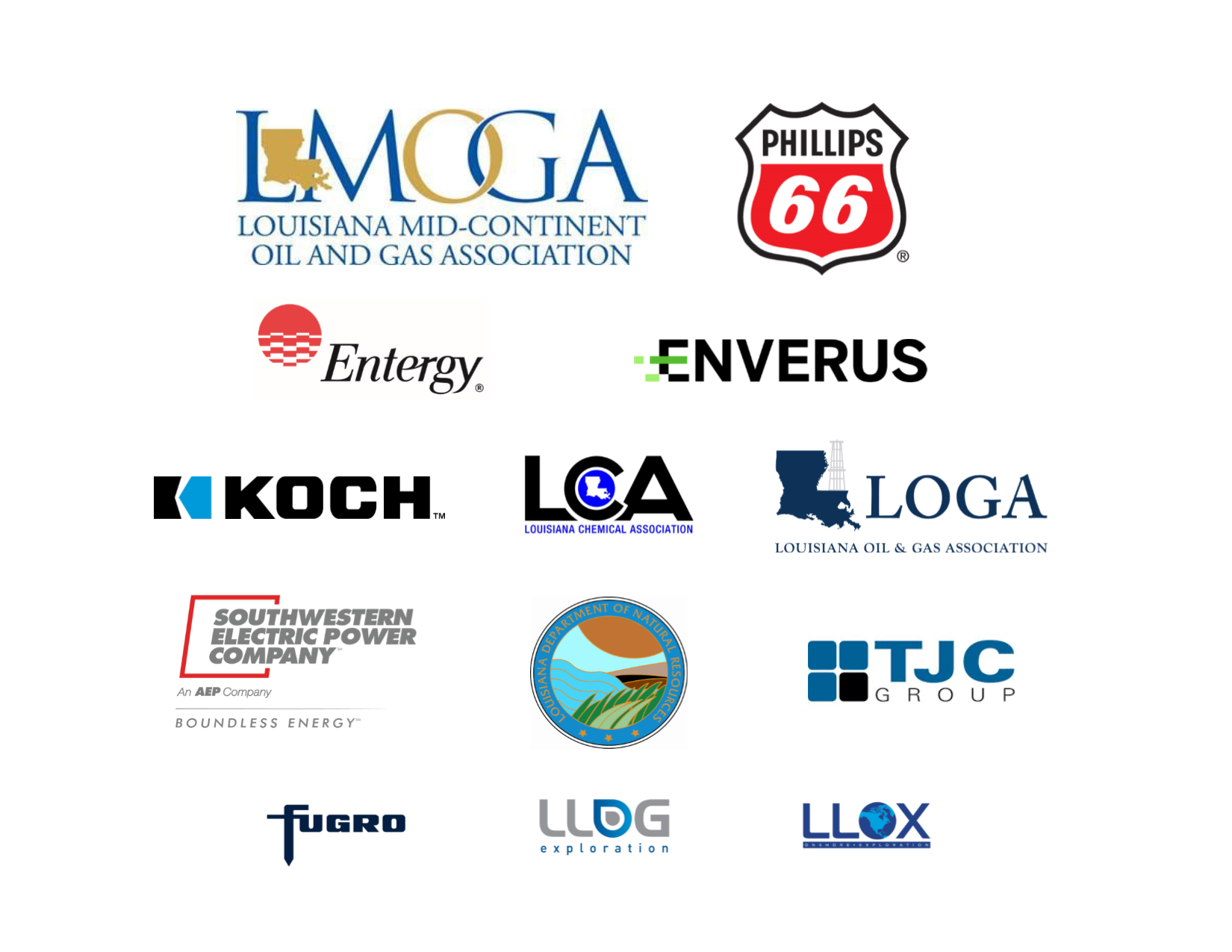 sponsor logos for LMOGA, Phillips 66, Entergy, Enverus, Koch, LCA, LOGA, SWEPCO, La. DNR, TJC Group, Fugro, LLOG, LLOX