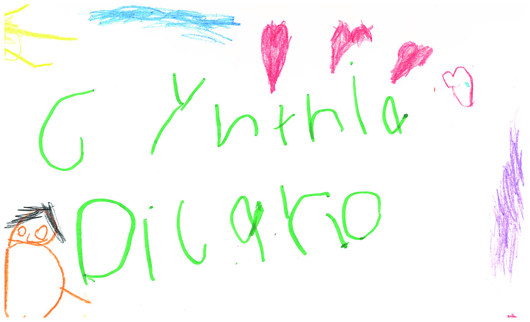 picture in child's writing that says Cynthia DiCarlo with doodles
