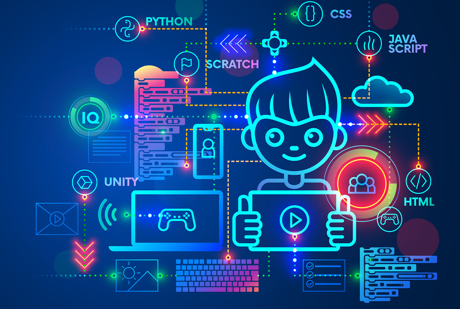 clip art image of boy and coding languages in blue tones