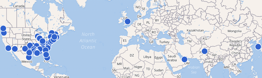 world map with blue dots signifying location of CTP alumni