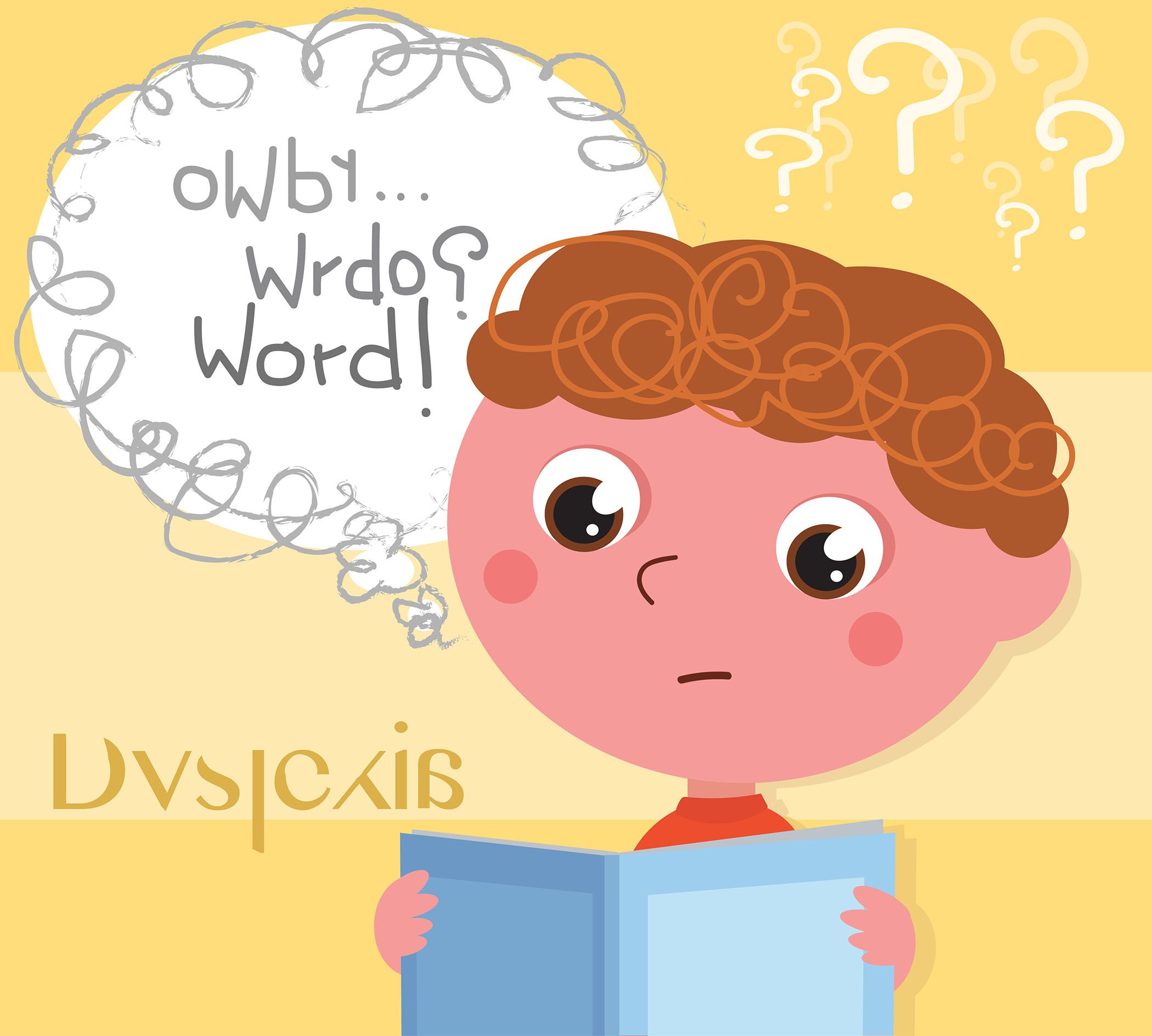 child affected by dyslexia reading a book, digital illustration