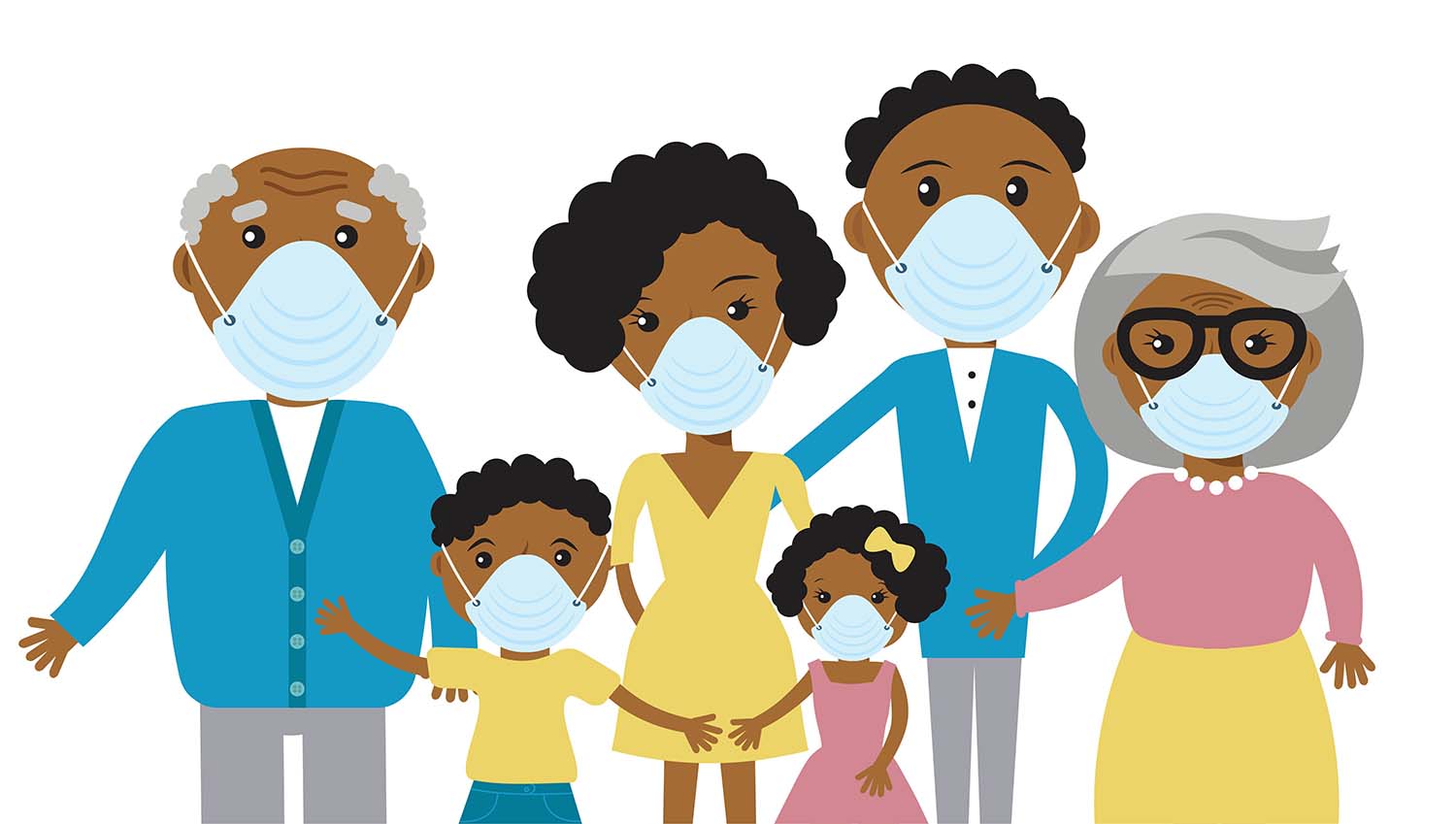 African American family clip art style, wearing facial masks
