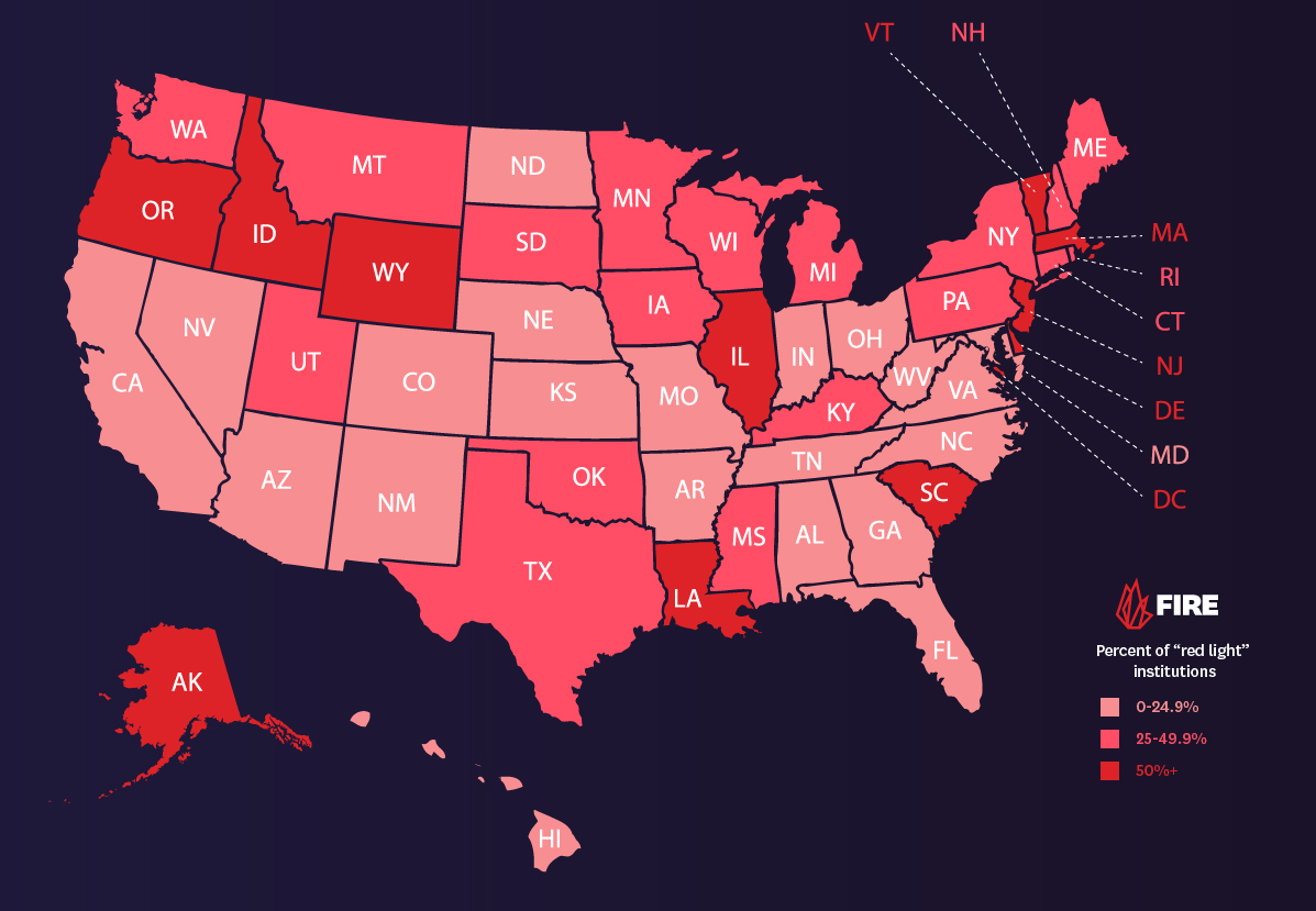 map of U.S.A with states in various shades of red to denote percent of "red light" institutions. Key says 0 to 24.9 percent is light red, 25 to 49.9 percent is medium red and 50 percent and higher is dark red.