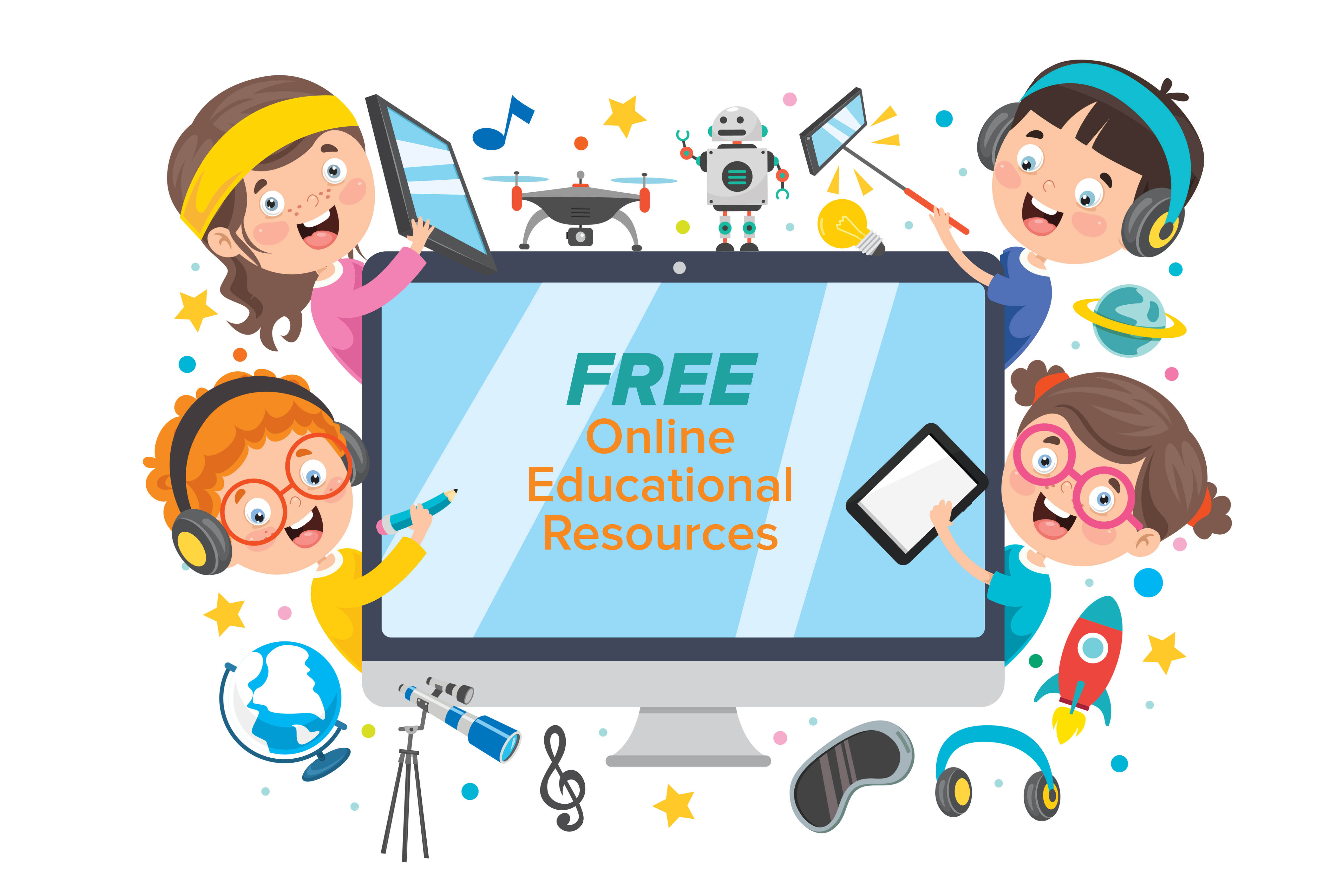 clip art of children surrounding a computer screen with creativity tools