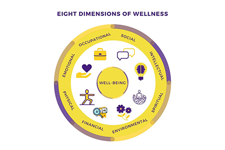 Eight Dimensions of Wellness - occupational, social, intellectual, spiritual, environmental, financial, physical, emotional
