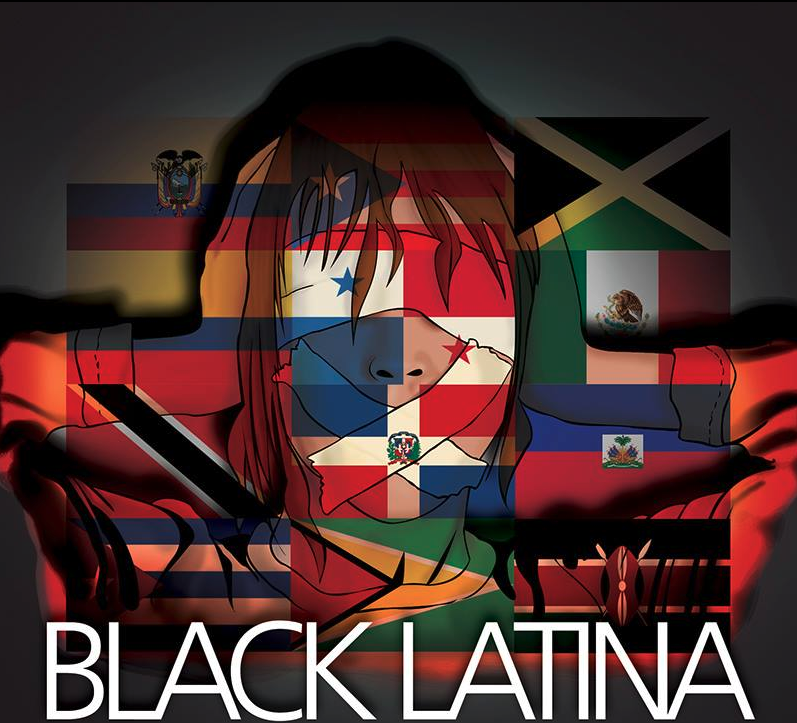woman holding head on top of Latin American flags with the words Black Latina
