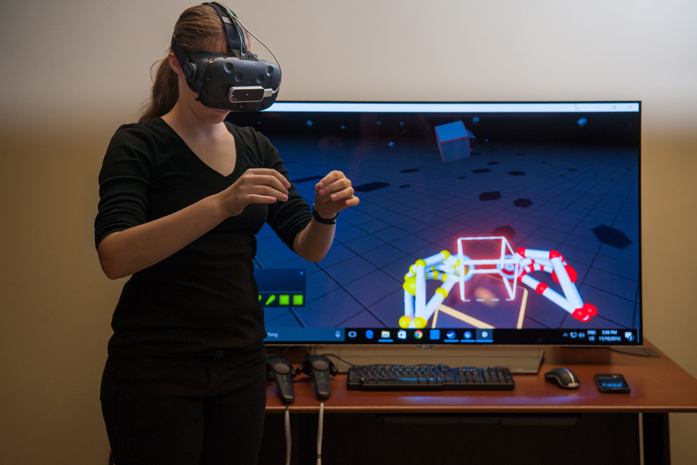 female student with VR headset on