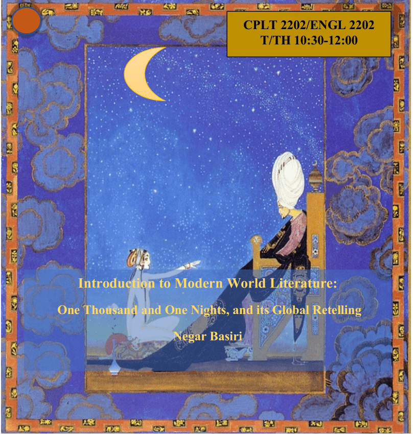 Sultan Sharhazar listening to the tales of Scheherazade for 1001 nights beneath a crescent moon... (overlaid by the course description, repeated below for your convenience)