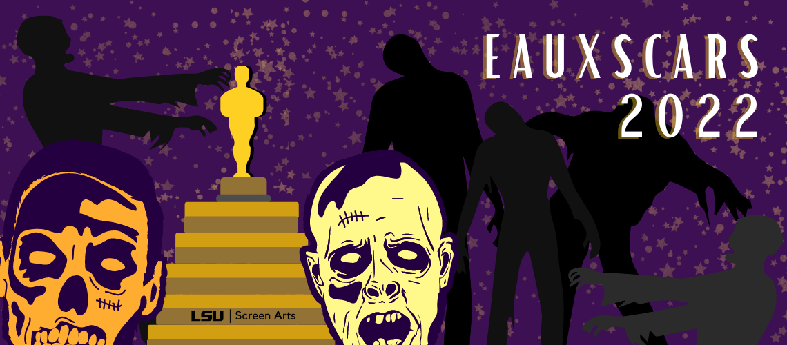 Purple and gold Oscar statue surrounded by zombies with the text Eauxscars 2022