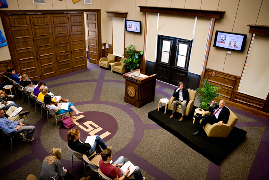 Image from the Journalism Building's Holliday Forum during a Reilly Center presentation