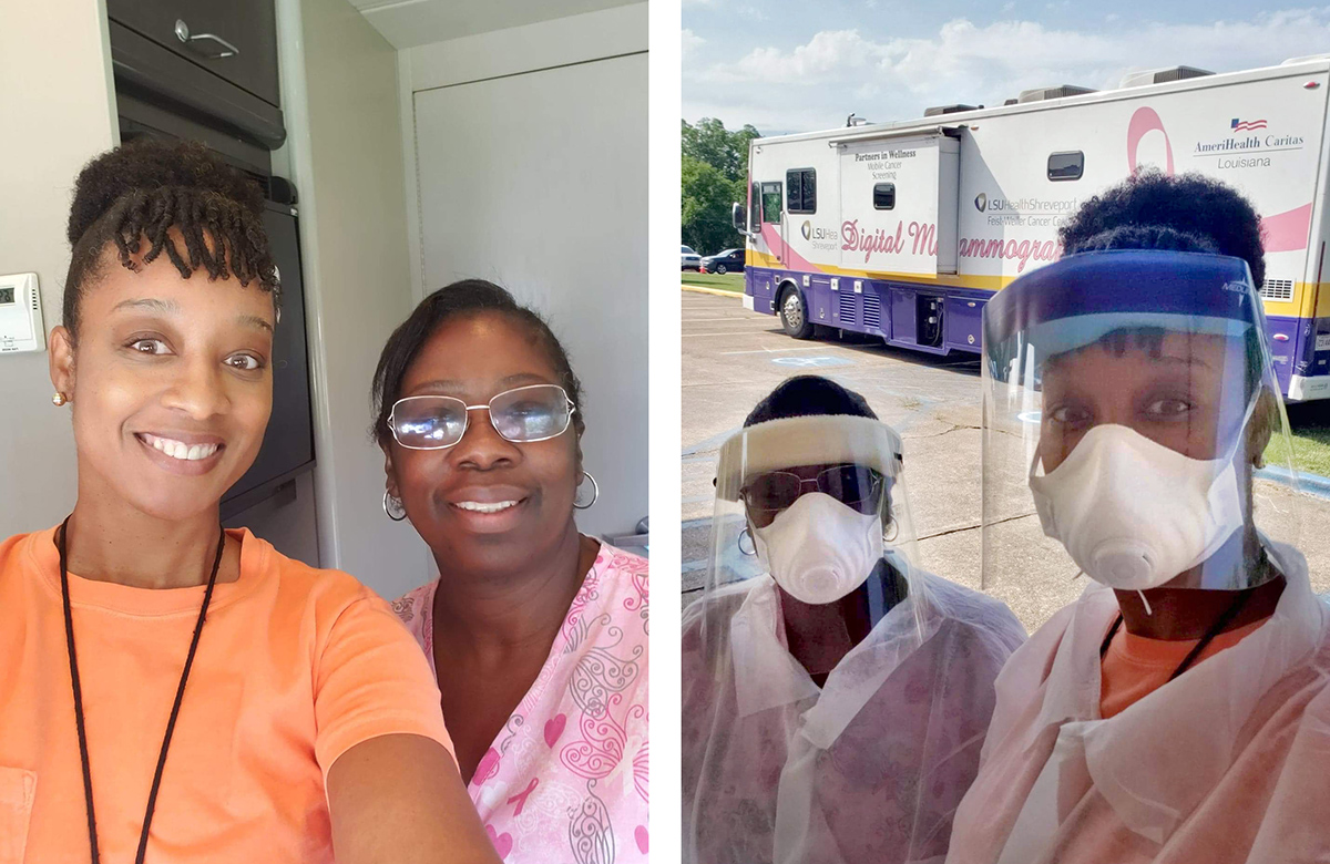 Swabbers Misty Prince and Tracy Norwood (in glasses) with and without PPE. 