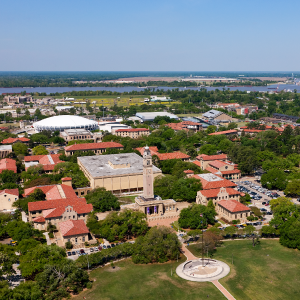 Aerial photo of LSU campus and Baton Rouge