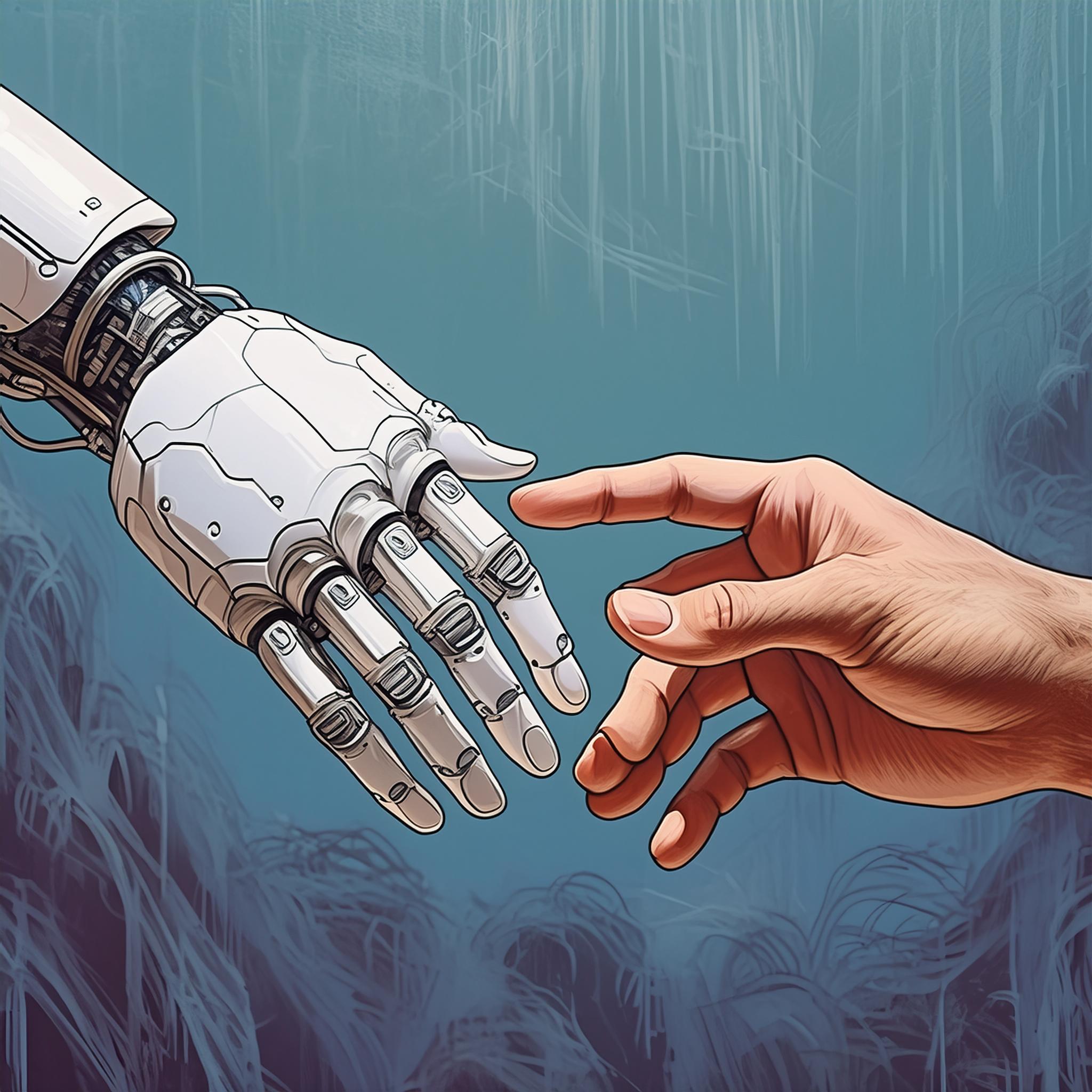 AI-generated image of robot and human hands reaching out to each other