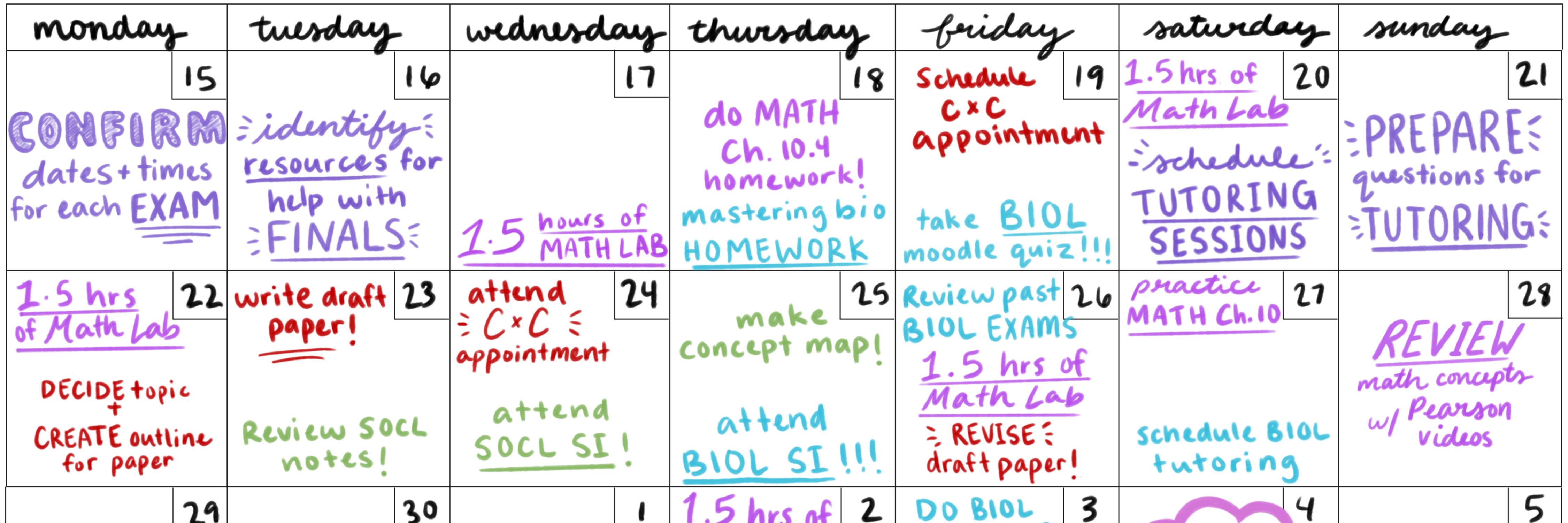 example of a partially filled out Final Exam Planner - accessible link below