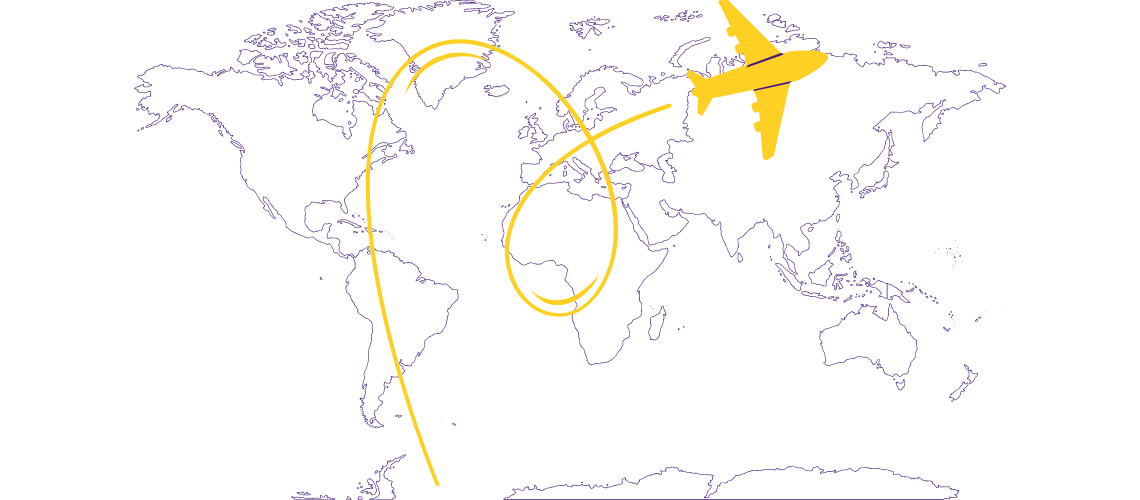 outline of the globe with an airplane flying over