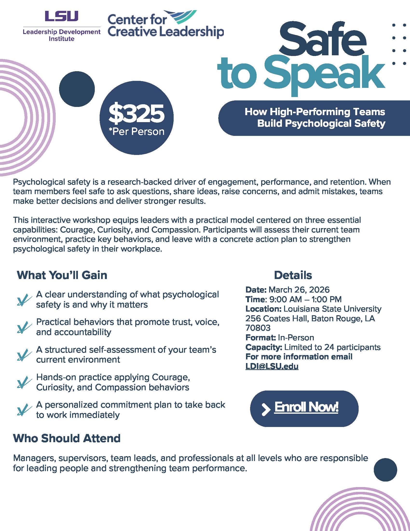 Safe To Speak workshop flyer Safe To Speak Flyer - for more information, email LDI@LSU.edu